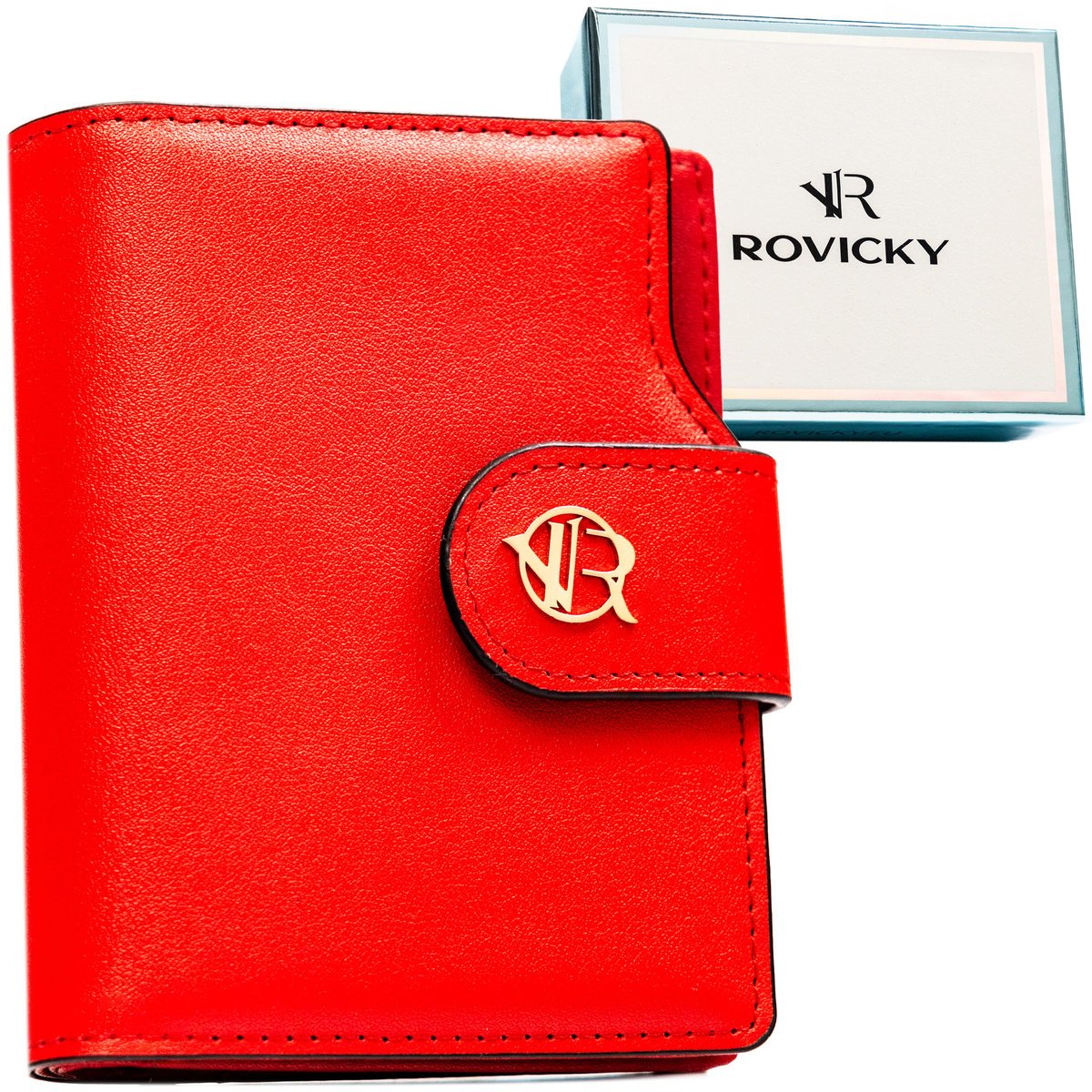 Portfel damski czerwony ROVICKY mały na zatrzask i suwak pionowy rozbudowany na karty i dokumenty elegancki ochrona RFID