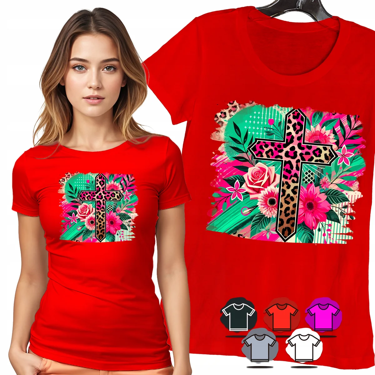 KOSZULKA DAMSKA T-SHIRT - KOLOROWY KRZYŻ KWIATY WIARA MOTYW WZÓR MOC - S