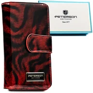 Portfele - Lakierowany czerwony duży portfel damski na zatrzask i suwak PETERSON modny wzór rozbudowany i bardzo pojemny karty gotówka dokumenty skóra naturalna - miniaturka - grafika 1