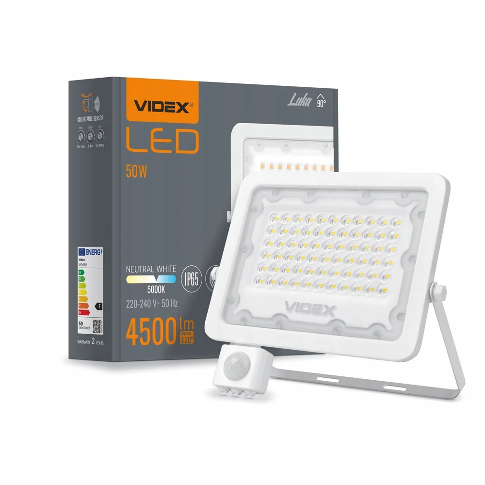 Naświetlacz LED Videx 50W 5000K 4500lm PIR IP65 Biały