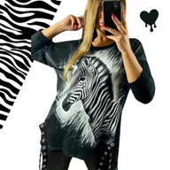 Bluzki damskie - STYLOWA TUNIKA BLUZKA ZEBRA długi rękaw czarna zdobienia luźna 50 52 5xl - miniaturka - grafika 1
