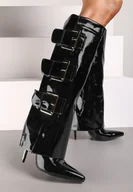 Kozaki damskie - Czarne Kozaki Bikery Lakierowane na Szpilce Ozdobione Klamrami i Wywiniętą Cholewką Cretira - Renee - miniaturka - grafika 1