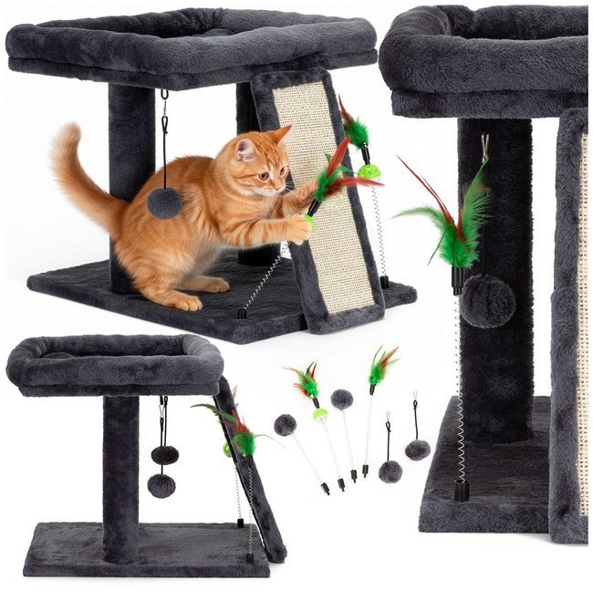 Drapak dla kota, dwa poziomy, legowisko z drabinką i sizalem do drapania, grafitowy UNIWERSALNY
