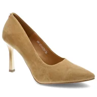 Czółenka - Beżowe Czółenka Karino Eleganckie Skórzane Buty - miniaturka - grafika 1