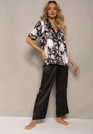 Piżamy damskie - Czarny Komplet Piżamowy z Satynowego Materiału Koszula na Krótki Rękaw i Długie Spodnie Eneserea - miniaturka - grafika 1