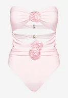 Stroje kąpielowe - Różowy Jednoczęściowy Strój Kąpielowy z Wycięciami i Aplikacjami w Formie Kwiatów Vegelia - miniaturka - grafika 1