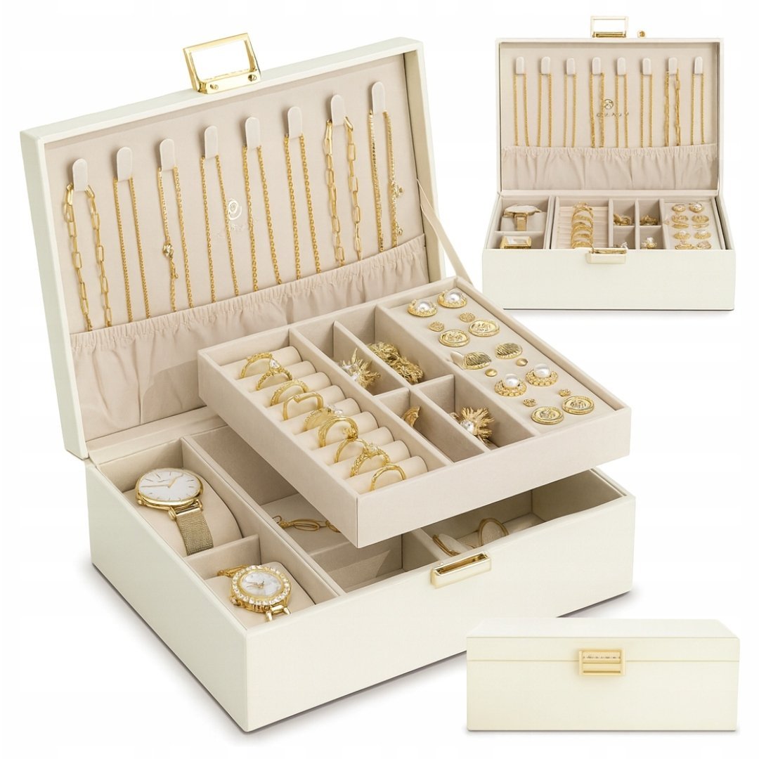 NOWOCZESNA AKSAMITNA SZKATUŁKA NA BIŻUTERIĘ 2 POZIOMY ORGANIZERY PREZENT