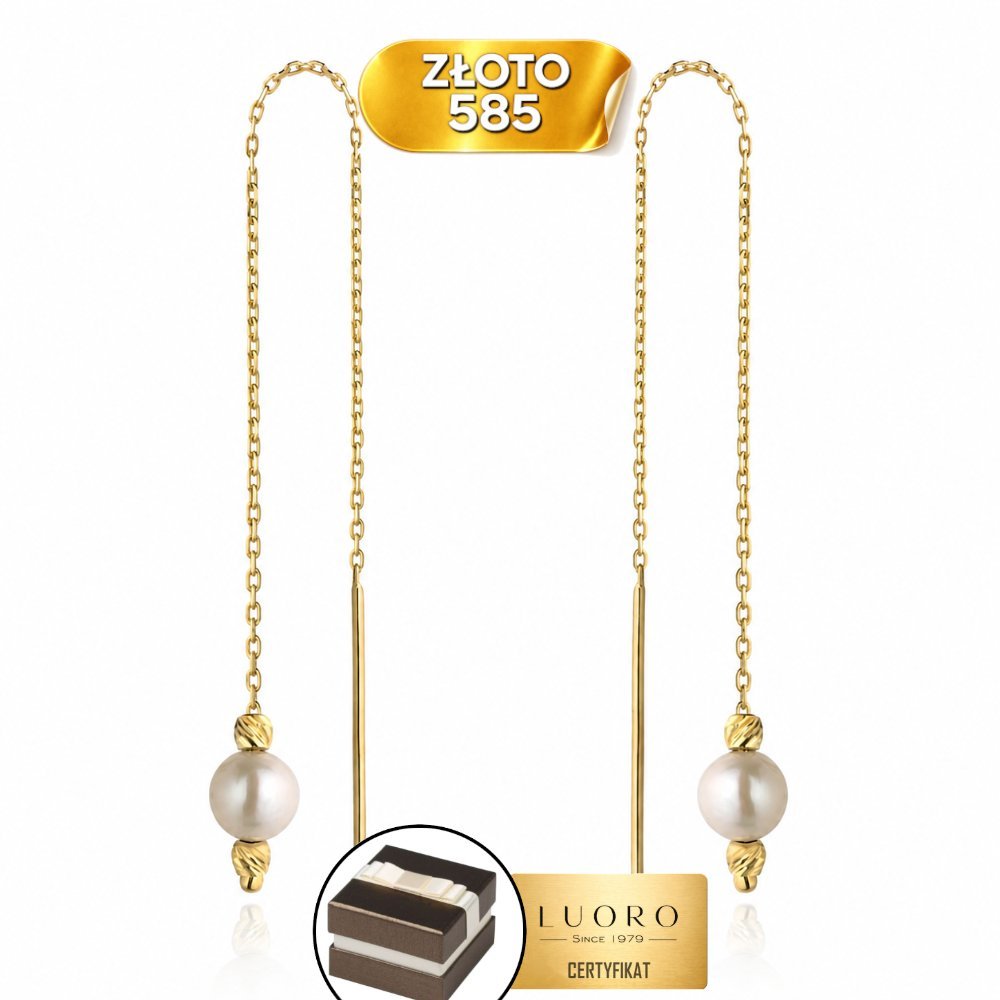 KOLCZYKI ZŁOTE 585 14K PRZEWLEKANE DIAMENTOWANE KORALIKI PERŁA 9 CM