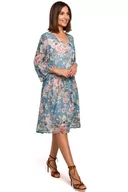 Sukienki - Miętowa Kobieca Sukienka w Kwiaty z Obniżoną Talią - miniaturka - grafika 1