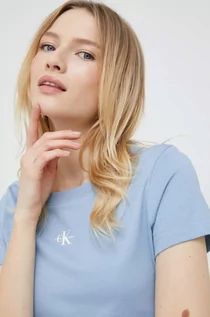 Koszulki sportowe damskie - Calvin Klein Jeans t-shirt bawełniany kolor niebieski - grafika 1
