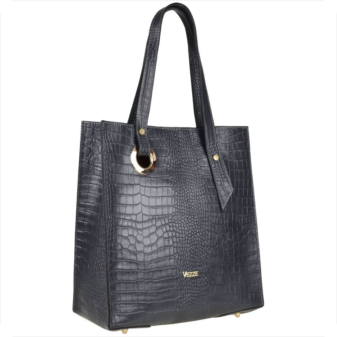 VEZZE torebka shopper skórzana szara grafitowa z kosmetyczką wzór aligatora