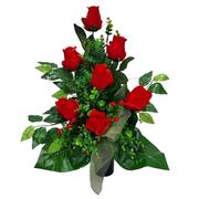Sztuczne kwiaty - RÓŻE czerwone (662.4b) bukiet we wkładzie do wazonu na grób cmentarz - miniaturka - grafika 1