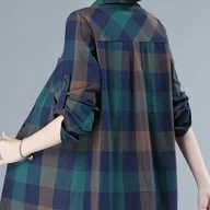 Koszule damskie - TEMU Elegancka Kobieca Kurtka w Kraciaste Wzory - Zielona/Czarna/Biała/Beżowa Marynarka z Kołnierzykiem, Strukturalny Paltowy Przedni na Sprężynę i - miniaturka - grafika 1