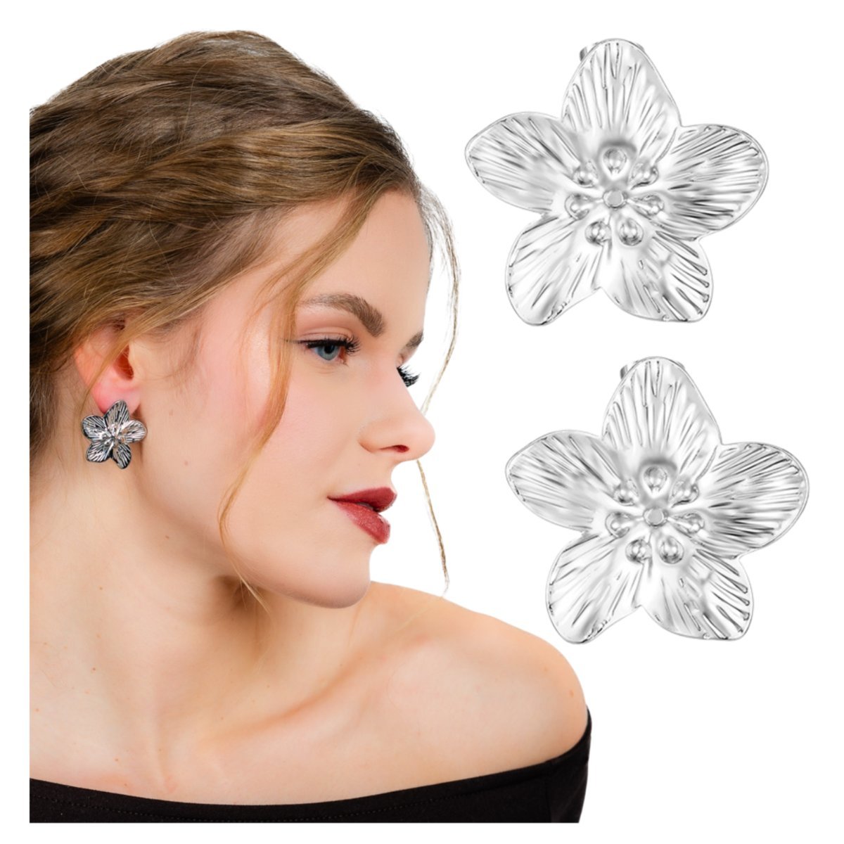 Kolczyki Sztyfty Srebrne Duże Kwiaty ze Stali Chirurgicznej 316L Efektowne