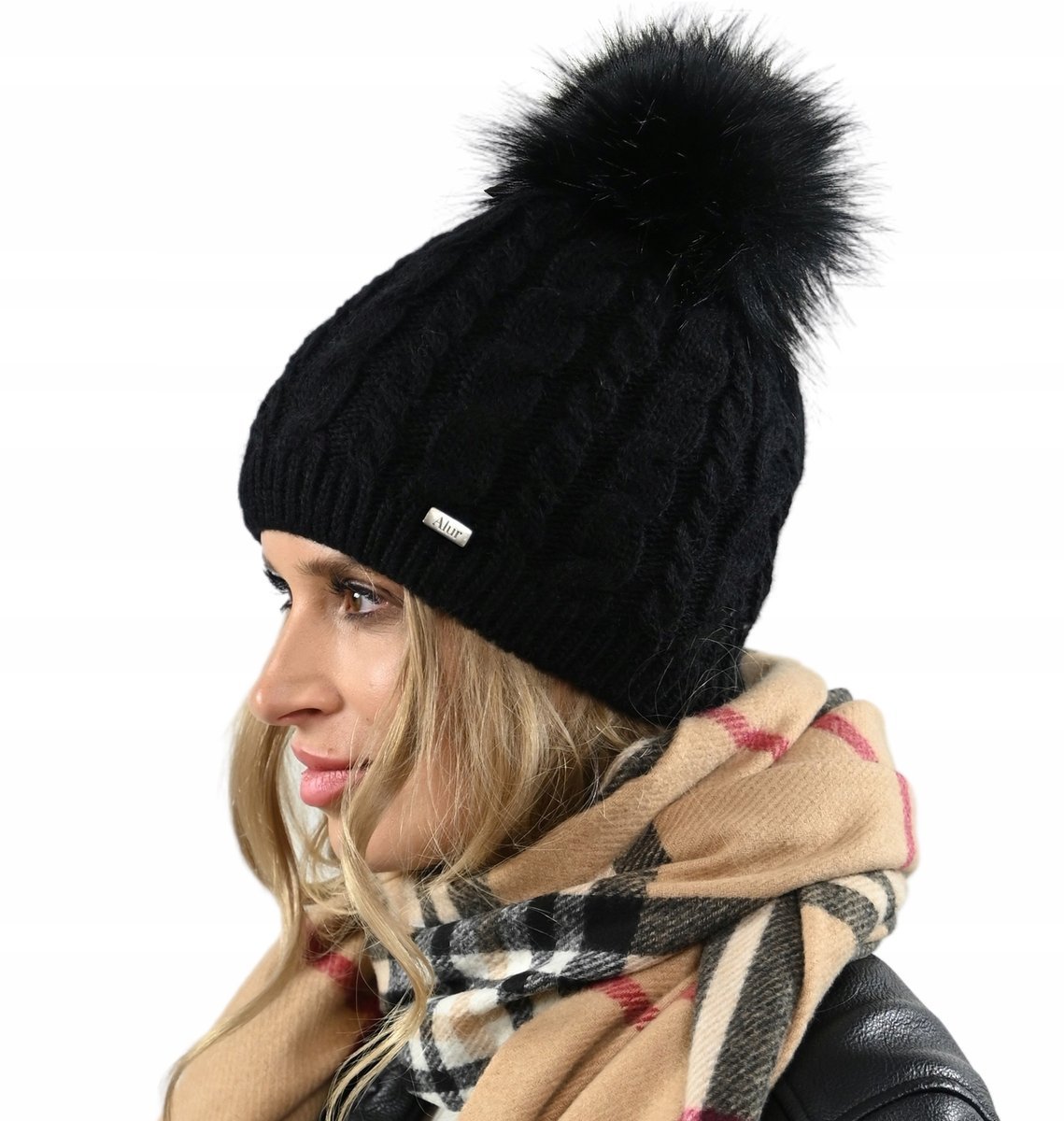 Czapka zimowa z POLAREM pompon dwuwarstwowa Czarna damska ciepła BEANIA UNI