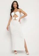 Sukienki - Biała Sukienka Dopasowana na Ramiączkach z Wycięciami pod Biustem i Metalowymi Detalami Galentia - miniaturka - grafika 1