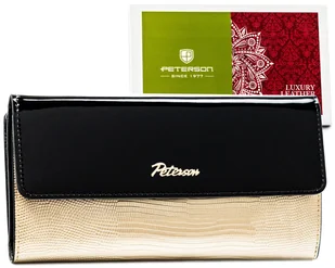 Skórzany damski portfel Peterson lakierowany elegancki duży pojemna portmonetka na karty i gotówkę RFID, czarny złoty - Portfele - miniaturka - grafika 1