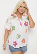 Koszule damskie - Biała Koszula z Lnu i Bawełny w Kwiaty z Krótkim Rękawem Ambubia - miniaturka - grafika 1