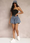 Spodenki damskie - Niebieskie Szerokie Szorty Bawełniane z Paskiem w Komplecie Nishika - miniaturka - grafika 1