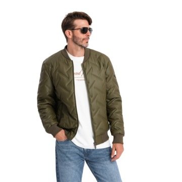 Kurtka męska bomberka z tłoczonym wzorem oliwkowa V2 OM-JALP-0196 S