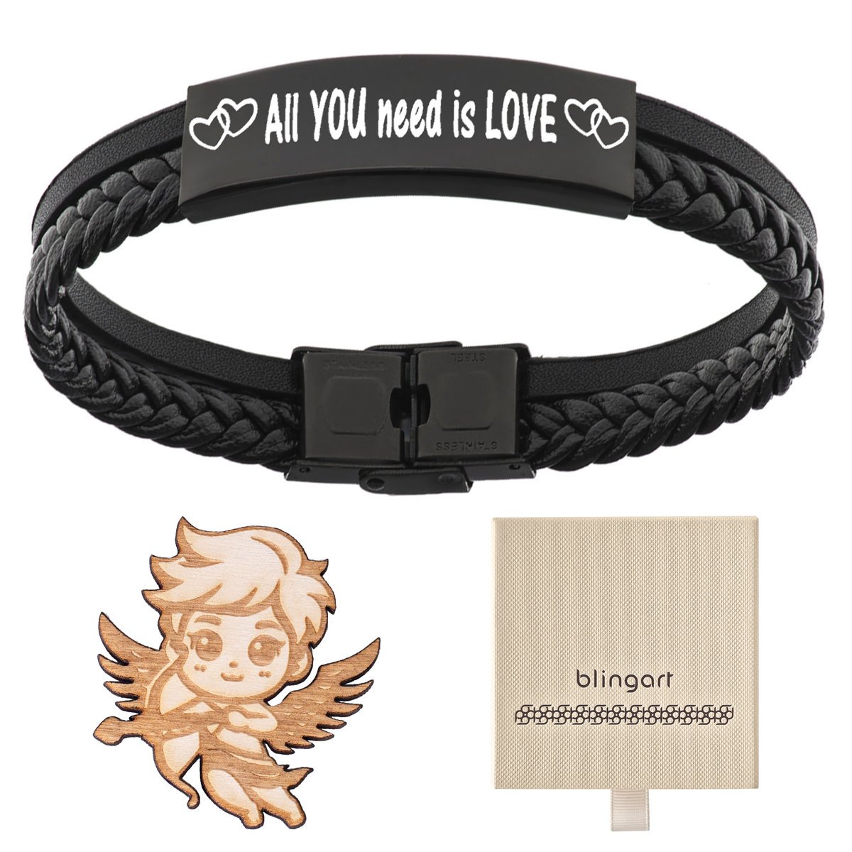 Bransoletka męska z GRAWEREM czarna plecionka blas