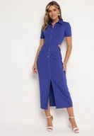 Sukienki - Granatowa Sukienka Koszulowa z Wycięciami w Talii i i Marszczeniami Zapinana na Guziki Quvlea - miniaturka - grafika 1