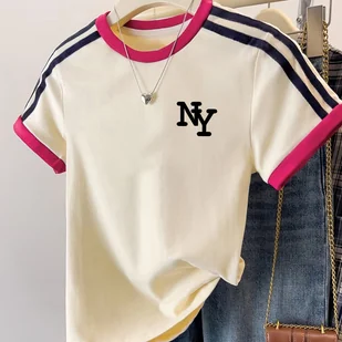 TEMU Koszulka Casual Damska - Różowa z Nadrukiem NY, Lekki Top na Codzień i Warstwowe Stylizacje, Street Style, Retro Paski, Oddychający Materiał, - Bluzki damskie - miniaturka - grafika 1
