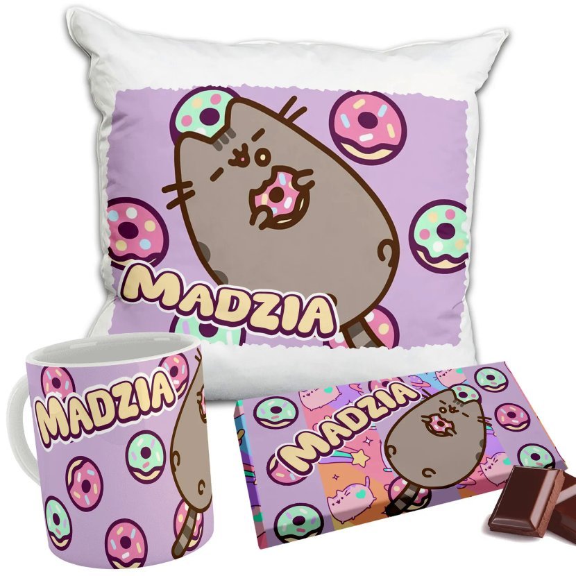 Zestaw PUSHEEN KOTEK Kubek + Poduszka + Czekolada + Imię Prezent Nadruk