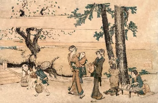 Plakat, Hokusai, Group of Figures near a Brook, 100x70 cm - Plakaty - miniaturka - grafika 1