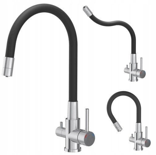 AGNES SteelQ stalowa bateria kuchenna trójdrożna z elastyczną wylewką, stalowa
