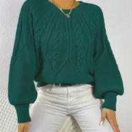 Swetry damskie - TEMU Damski sweter w stylu vintage z kablem - Gruby, ciepły na zimę, luźny sweter z długim rękawem i prążkowaną teksturą, oliwkowa zieleń - Przytulny - miniaturka - grafika 1