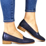 Półbuty damskie - DAMSKIE PÓŁBUTY AŻUROWE NA PŁASKIEJ PODESZWIE MOKASYNY POTOCKI 12320 GRANATOWE - miniaturka - grafika 1