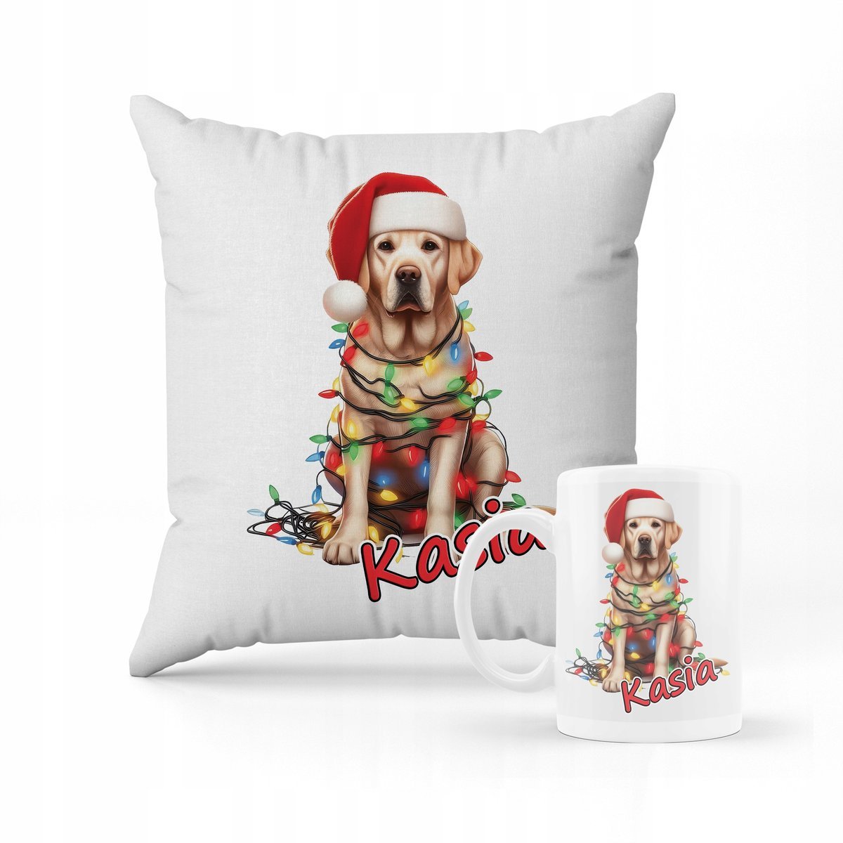 ZESTAW PODUSZKA + KUBEK pies święta + IMIĘ 3