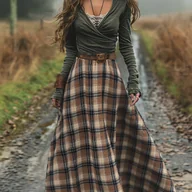 Spódnice - TEMU Spódnica A-Line Damska - Dwukolorowa Kratka (Brązowy/Beż), Pranie Maszynowe, Nieelastyczna Tkanina na Wiosnę i Jesień, Uniwersalne Stylizacje od - miniaturka - grafika 1