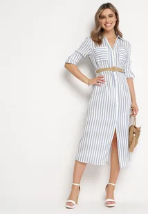 Jasnoniebieska Sukienka Midi w Koszulowym Stylu z Lnem i Paskiem z Klamrą Egogia - Sukienki - miniaturka - grafika 1