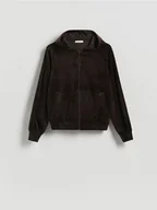 Bluzy damskie - Reserved - Welurowa bluza z kapturem - ciemnobrązowy - miniaturka - grafika 1