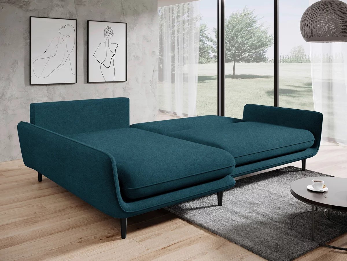 DOMO-HOME Narożnik z funkcją spania SOLANO - Elegancki skandynawski narożnik 260x167cm| Skrzynia na pościel i drewniane nóżki dla wygody i stylu Wysokiej jakości materiały Kolor granatowy| Lewy