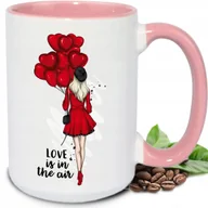 Kubki - Kubek DUŻY BIAŁY Love is in the air RÓŻÓWE UCHO I WNĘTRZE PIĘKNE TOP WZORY - miniaturka - grafika 1