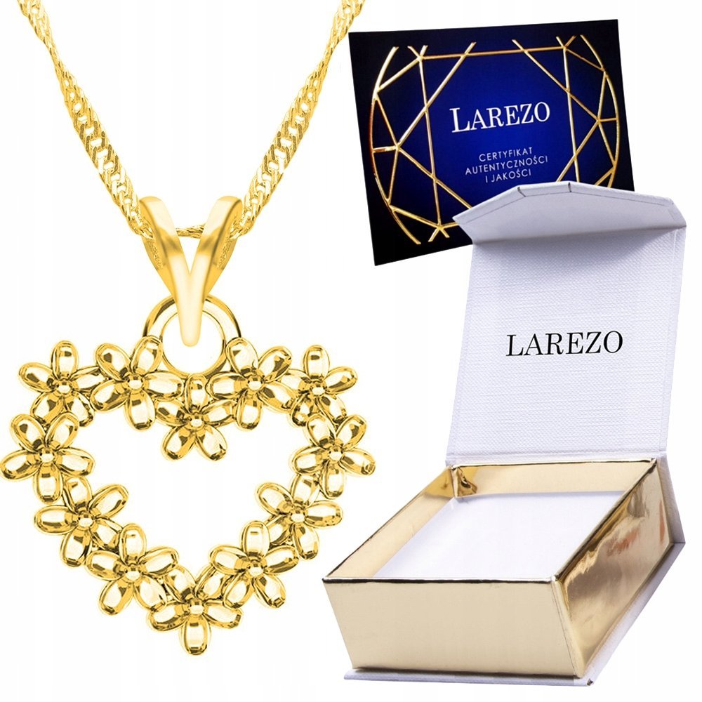 Złoty Naszyjnik 925 z Sercem Kwiatami Serduszko w Kwiaty Serce Kwiatki 24K