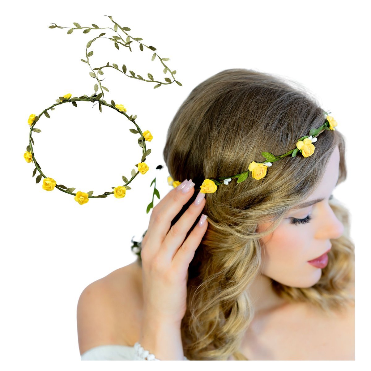 Opaska Wianek na Głowę Żółty do Włosów Długi Kwiaty na Gumce Lekki Wygodny