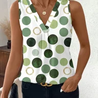 Koszule damskie - TEMU Damska bluzka bez rękawów z dekoltem w kształcie litery V, zielono-białym nadrukiem w kształcie koła, lekka tkanina poliestrowa, idealna na co - miniaturka - grafika 1