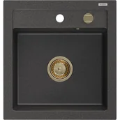 Zlewozmywaki - Mexen Vito zlewozmywak granitowy 1-komorowy 520 x 490 mm, czarny nakrapiany, syfon złoty - miniaturka - grafika 1