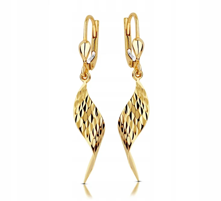 ZŁOTE KOLCZYKI 375 DIAMENTOWANE WISZĄCE ELEGANCKIE KRĘCONE +