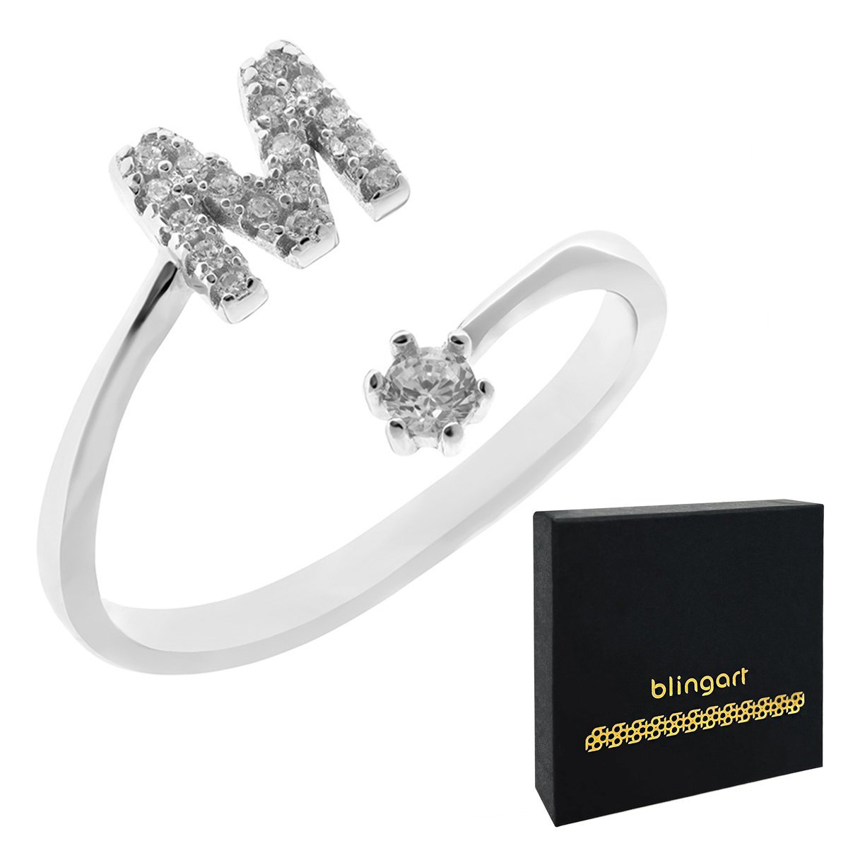 Pierścionek srebrny z literką M z cyrkoniami