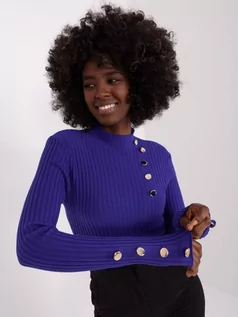 Swetry damskie - Sweter klasyczny kobaltowy casual dekolt półgolf rękaw długi materiał prążkowany  guziki - grafika 1