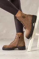 Botki damskie - Ciemnobeżowe botki damskie na bieżnikowanej platformie złota ozdoba sznurowane Casu CB349-7 - miniaturka - grafika 1