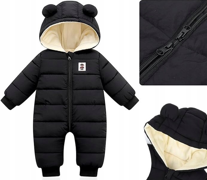 KOMBINEZON ZIMOWY ŚNIEGOWY ŚPIOSZEK DLA NIEMOWLAKA 72cm CIEPŁY POLAR CZARNY