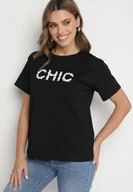 Koszulki i topy damskie - Czarny T-shirt Bawełniany z Napisem i Perełkami Nalinor - miniaturka - grafika 1
