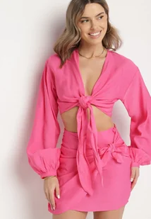 Fuksjowy 2-częściowy Komplet z Bluzką i Spódnicą Zdobionych Wiązaniem Elistra - Komplety damskie - miniaturka - grafika 1