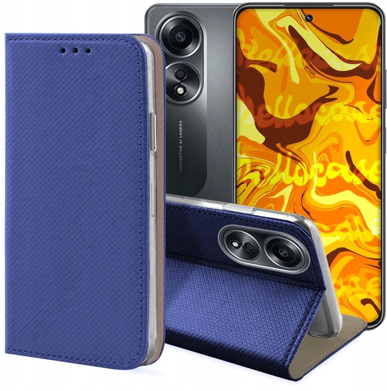 Hello Case Etui z Klapką Do Oppo A58 4G Granatowe, Magnetyczne, Zamykane, Ochronne